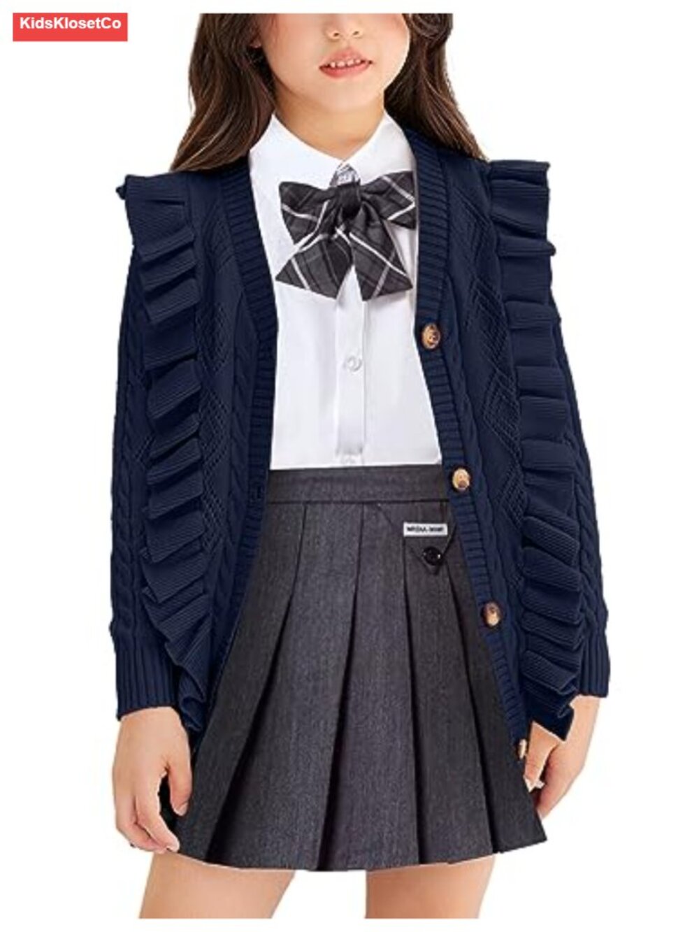 Girls Cardigan Sweater Ruffle V Neck Button Front School Uniform Outerwear